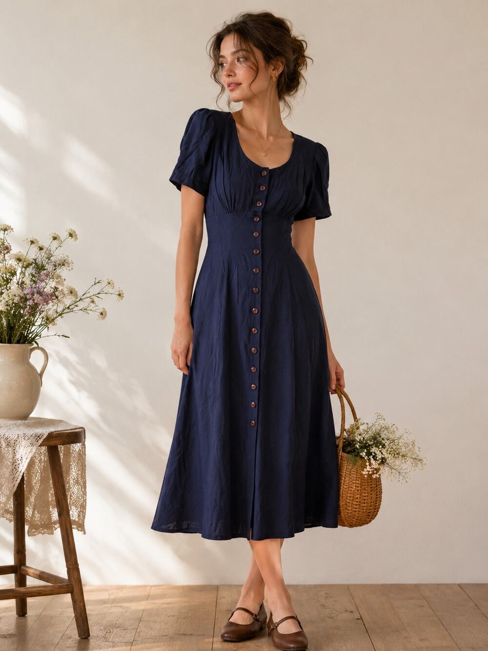 Vintage 90s Navy Blue Short Sleeve Button Down Dress Womens S Midi Casual